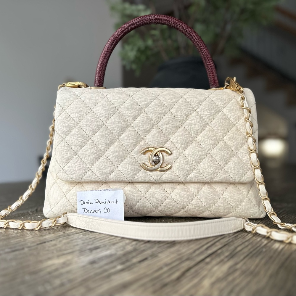 SOLD Chanel Coco Top Handle Beige Real Lizard Handle Small Flap Bag